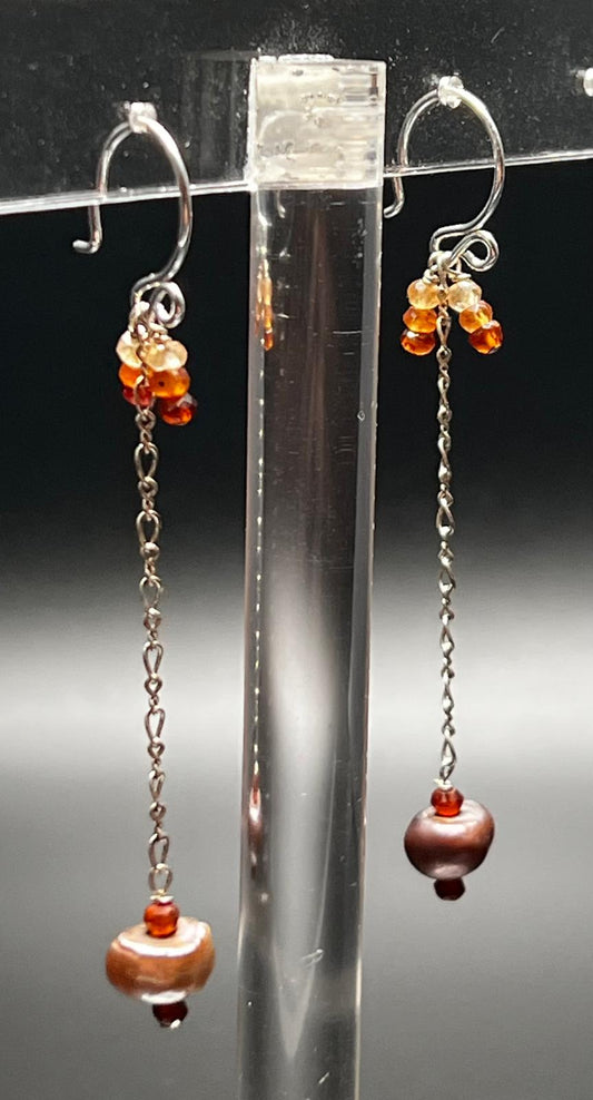 Hessonite Garnet, Bronze Pearl, and Sterling Silver Chain Earrings