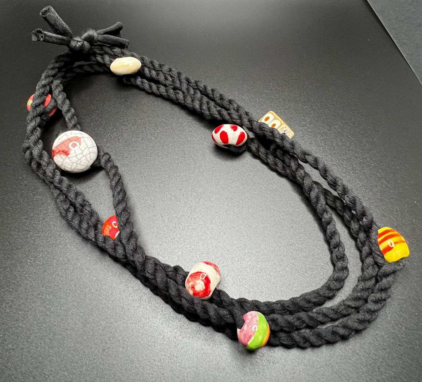 Citrus Ceramic Beads and Black Reclaimed Fabric Cordage Necklace