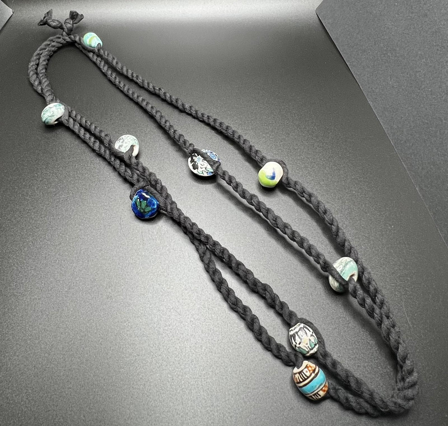 Serene Ceramic Beads and Black Reclaimed Fabric Cordage Necklace