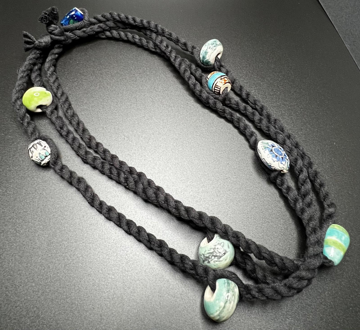 Serene Ceramic Beads and Black Reclaimed Fabric Cordage Necklace