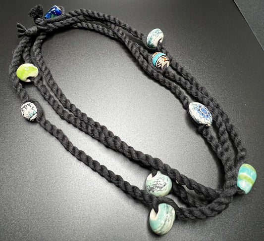 Serene Ceramic Beads and Black Reclaimed Fabric Cordage Necklace
