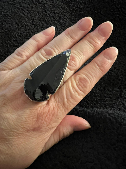Obsidian Arrowhead Sterling Silver Adjustable Ring