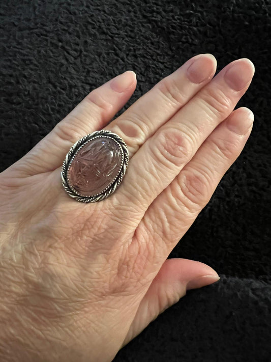 Artisan Lavender Glass Scarab and Sterling Silver Ring