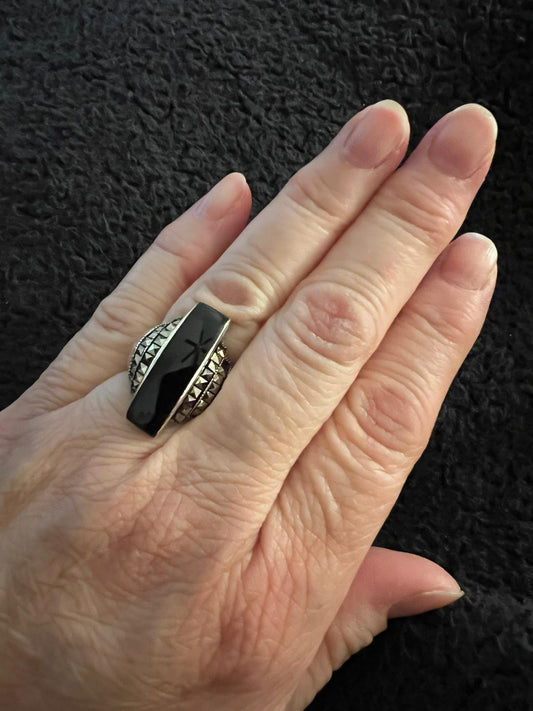 Onyx and Marcasite Art Deco Revival Sterling Silver Ring