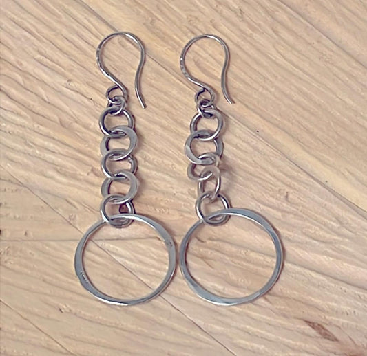 Vintage Sterling Silver Drop Hoop Chain Earrings