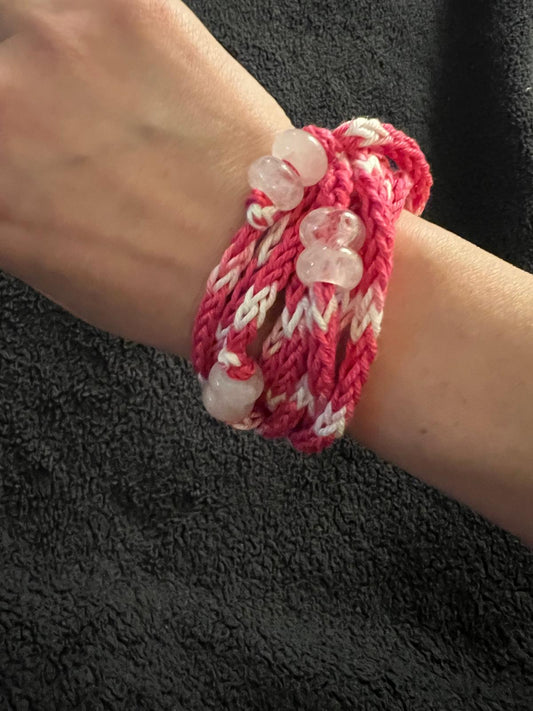 Clear Quartz and Pink & White Cotton Knit Convertible Necklace to Bracelet