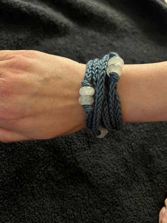 Clear Quartz and Slate Cotton Knit Convertible Necklace to Bracelet