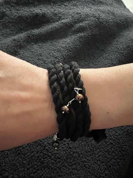 Peacock Pearl, Sterling Silver, Black Cordage Convertible Necklace to Bracelet