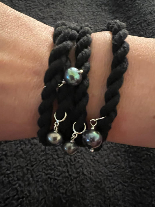 Steel Pearl, Sterling Silver, Black Cordage Convertible Necklace to Bracelet