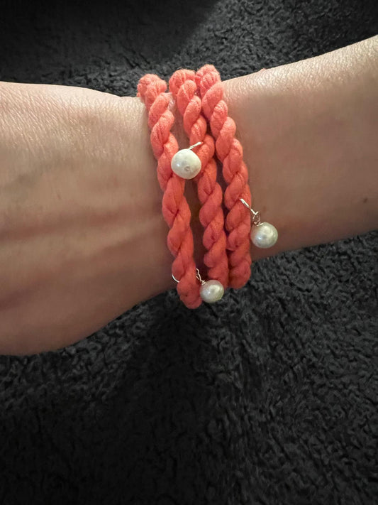 White Pearl, Sterling Silver, Coral Cordage Convertible Necklace to Bracelet