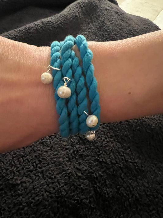 White Pearl, Sterling Silver, Turquoise Cordage Convertible Necklace to Bracelet