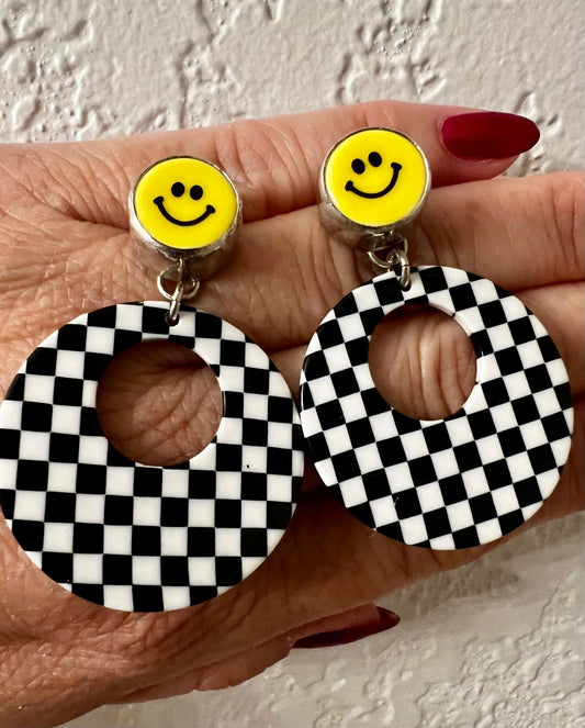 Smiley Checkerboard and Sterling Silver Earrings
