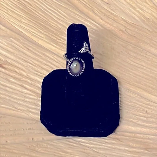 Artisan Rainbow Obsidian and Sterling Silver Adjustable Bat Ring