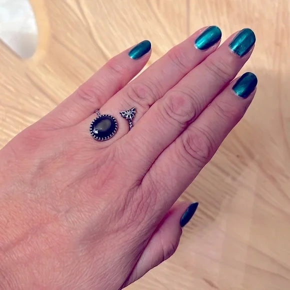 Artisan Rainbow Obsidian and Sterling Silver Adjustable Bat Ring