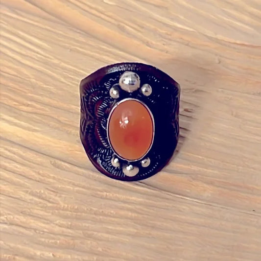 Artisan Carnelian, Leather, and Sterling Silver Findings Ring