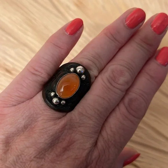 Artisan Carnelian, Leather, and Sterling Silver Findings Ring
