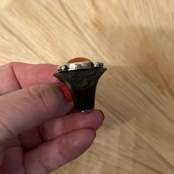 Artisan Carnelian, Leather, and Sterling Silver Findings Ring