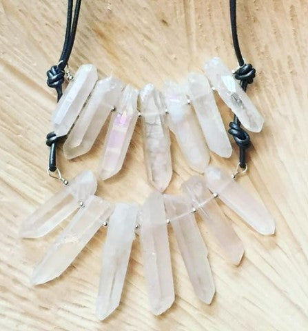 Titanium Quartz, Silver Leather, Sterling Silver Bib Necklace